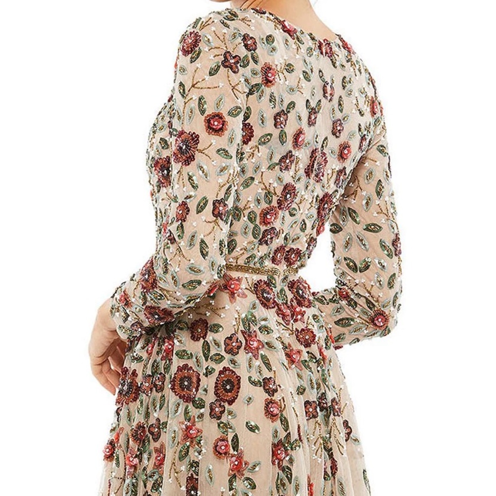 Floral Beaded Jewel Neck Long Sleeve Pleated Chiffon Gown